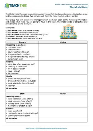 ESL Modal Verbs of Obligation and Prohibition Activity - Vocabulary, Writing and Speaking: Writing Sentences from Prompts, Guided Discussion, Freer Practice - Group Work - Pre-intermediate (A2) - The Modal Hotel worksheet preview
