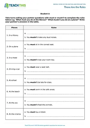 ESL Must and Mustn't Activity - Grammar and Speaking: Information Gap, Asking and Answering Questions, Controlled Practice - Pair Work - Elementary (A1-A2) - Those Are the Rules worksheet preview