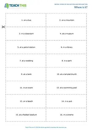 ESL Modal Verbs of Obligation and Prohibition Game - Grammar: Writing Sentences, Guessing - Pair Work - Intermediate (B1) - Where is it? worksheet preview