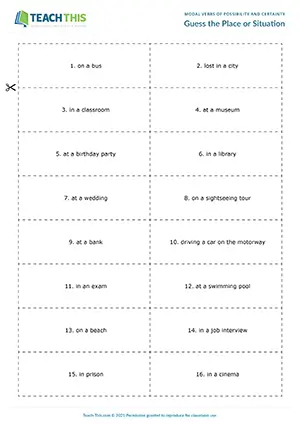 ESL Modal Verbs of Possibility Game - Writing and Speaking: Describing, Writing Clues, Guessing - Pair Work - Intermediate (B1) - Guess the Place or Situation worksheet preview