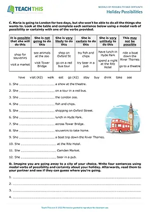 ESL Modal Verbs of Possibility and Certainty Worksheet - Grammar Exercises: Table Completion, Matching, Unscrambling, Gap-fill - Speaking Activity - Pair Work - Pre-intermediate (A2) - Holiday Possibilities worksheet preview