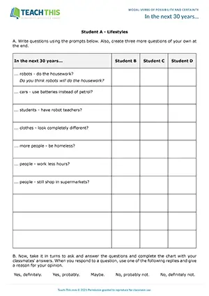 ESL Modal Verbs of Possibility Activity - Speaking: Asking and Answering Questions from Prompts, Summarising, Controlled and Freer Practice - Group Work - Intermediate (B1) - In the next 30 years... worksheet preview