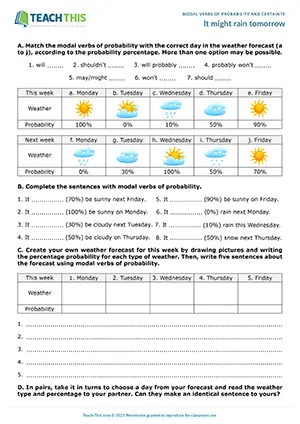 ESL Modal Verbs of Probability Worksheet - Grammar Exercises: Matching, Gap-fill, Writing Sentences - Speaking Activity: Forming Sentences, Freer Practice - Pair Work - Intermediate (B1) - It might rain tomorrow worksheet preview