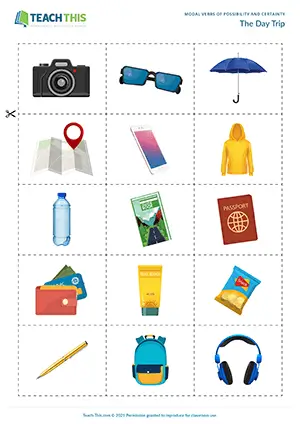ESL May and Might Game - Vocabulary and Speaking: Forming Sentences from Prompts, Freer Practice - Group Work - Pre-intermediate (A2) - The Day Trip worksheet preview