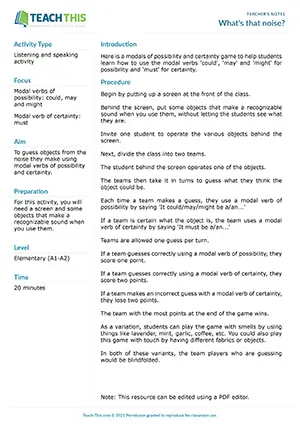 ESL Modal Verbs of Possibility and Certainty Game - Vocabulary and Listening: Forming Sentences, Guessing - Group Work - Pre-intermediate (A2) - What's that noise? worksheet preview