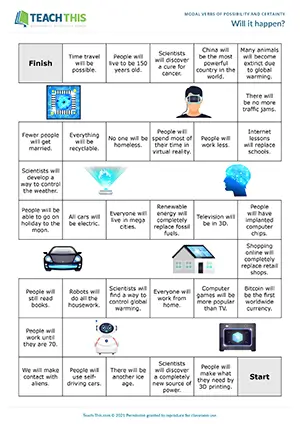 ESL Modal Verbs of Possibility and Certainty Board Game - Speaking: Forming Sentences from Prompts, Freer Practice - Group Work - Upper-intermediate (B2) - Will it happen? worksheet preview