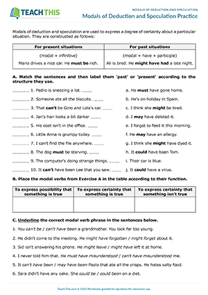 Modal Verbs Deduction Speculation ESL Games Activities Worksheets