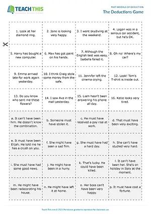ESL Past Modal Verbs of Deduction Game - Grammar and Speaking: Matching, Forming Sentences from Prompts - Group Work - Intermediate (B1) - The Deductions Game worksheet preview