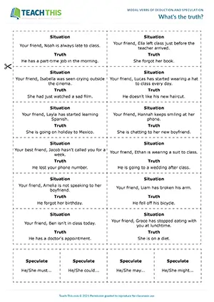 ESL Modal Verbs of Speculation Game - Speaking: Discussion, Guessing, Freer Practice - Group Work - Intermediate (B1) - What's the truth? worksheet preview