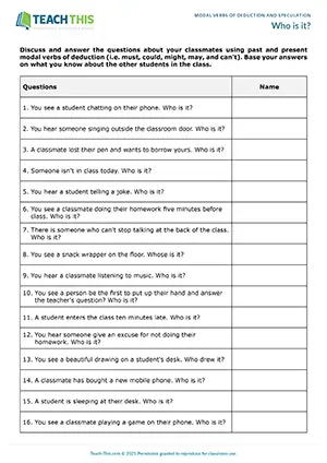 ESL Modal Verbs of Deduction Activity - Speaking: Guided Discussion - Group Work - Intermediate (B1) - Who is it? worksheet preview