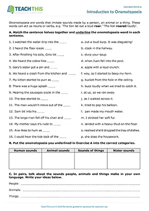 ESL Onomatopoeia Worksheet - Vocabulary Exercises: Matching, Categorising, Crossword, Listing - Speaking Activity: Guided Discussion, Freer Practice - Pair Work - Intermediate (B1) - Introduction to Onomatopoeia worksheet preview