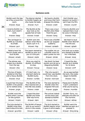 ESL Onomatopoeia Game - Vocabulary: Matching, Gap-fill - Group Work - Upper-intermediate (B2) - What's the Sound? worksheet preview