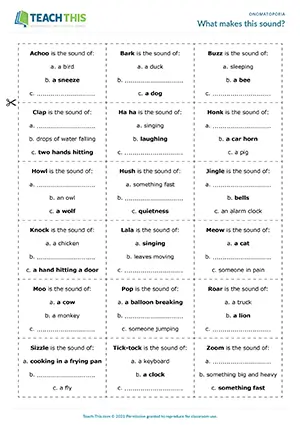 ESL Onomatopoeia Game - Vocabulary: Matching - Group Work - Pre-intermediate (A2) - What makes this sound? worksheet preview