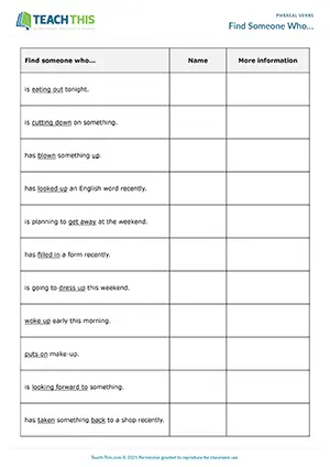 ESL Phrasal Verbs Activity - Vocabulary and Speaking: Asking and Answering Questions from Prompts, Freer Practice - Pre-intermediate (A2) - Find Someone Who... worksheet preview