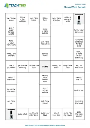 ESL Phrasal Verbs Board Game - Grammar and Vocabulary: Matching, Forming and Writing Sentences from Prompts - Group Work - Pre-intermediate (A2) - Phrasal Verb Pursuit worksheet preview