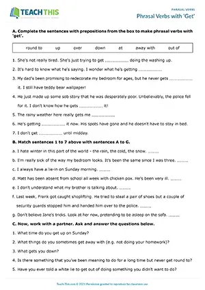 ESL Phrasal Verbs with Get Worksheet - Vocabulary Exercises: Gap-fill, Matching - Speaking Activity: Asking and Answering Questions - Pair Work - Upper-intermediate (B2) - Phrasal Verbs with Get worksheet preview