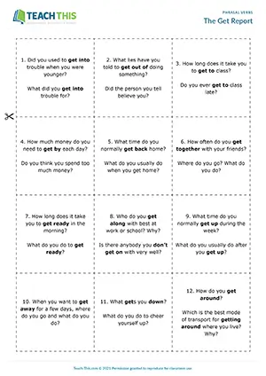 ESL Phrasal Verbs with Get Activity - Vocabulary and Speaking: Asking and Answering Questions, Guided Discussion, Controlled and Freer Practice - Group Work - Upper-intermediate (B2) - The Get Report worksheet preview