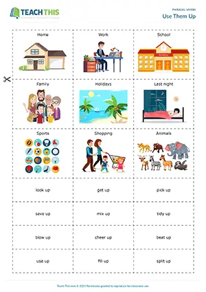 ESL Phrasal Verbs with Up Game - Vocabulary and Speaking: Forming Sentences from Prompts, Freer Practice - Group Work - Intermediate (B1) - Use Them Up worksheet preview