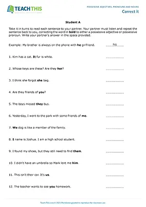 ESL possessive adjectives and nouns game preview featuring grammar activities, error correction exercises, pair work for intermediate B1 level students