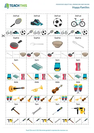 ESL possessive nouns game preview featuring grammar and speaking activities, question-answer practice, group work exercises for pre-intermediate A2 students