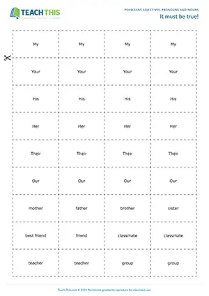 ESL possessive adjectives game preview showing grammar sentence construction activities, group work exercises for elementary A1-A2 level students