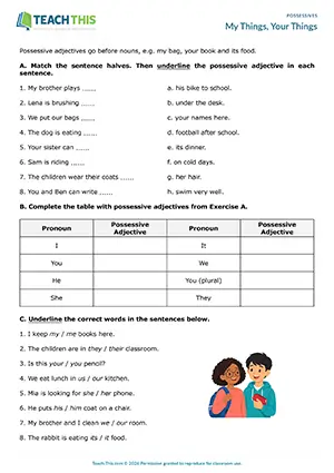 My Things, Your Things - ESL Possessive Adjectives Worksheet - Grammar Exercises: Matching, Labelling, Underlining, Gap-fill, Unscrambling, Correcting