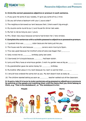 ESL possessive adjectives and pronouns worksheet preview featuring vocabulary and grammar exercises, binary choice activities, gap-fill practice, speaking activities for pre-intermediate A2 students
