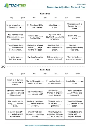 ESL possessive adjectives game preview featuring Connect Four grammar activities, gap-fill exercises, group work for elementary A1-A2 level students