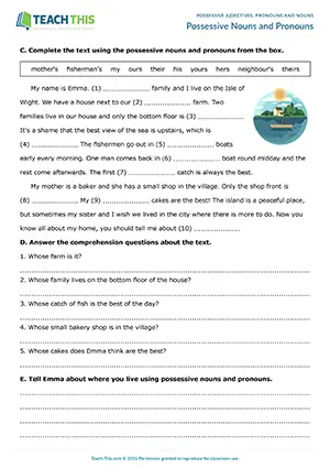 ESL possessive nouns and pronouns worksheet preview featuring grammar exercises, rewriting phrases, gap-fill activities, reading comprehension questions for pre-intermediate A2-B1 students
