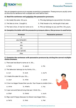ESL possessive pronouns worksheet preview featuring grammar exercises, identifying activities, multiple choice questions, table completion, sentence rewriting for pre-intermediate A2 students