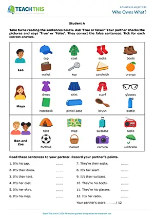 Who Owns What? - ESL Possessive Adjectives Game - Grammar and Speaking: True or False, Correcting Sentences