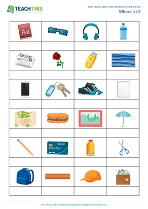 ESL possessive pronouns game preview featuring speaking activities, labelling exercises, sentence formation practice, pair work for pre-intermediate A2 students