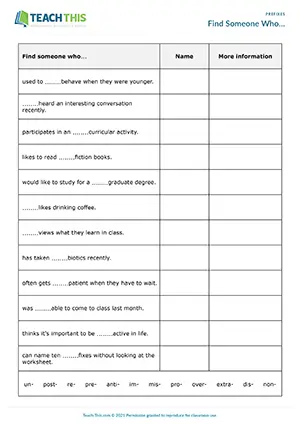 ESL prefixes activity preview featuring speaking exercises, question-answer practice, controlled and freer practice activities for upper-intermediate B2 students
