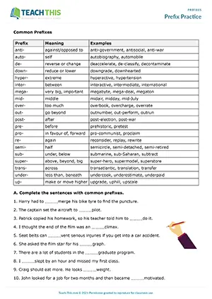 ESL prefixes worksheet preview featuring vocabulary exercises, gap-fill activities, prefix addition practice, antonym exercises for upper-intermediate B2 students
