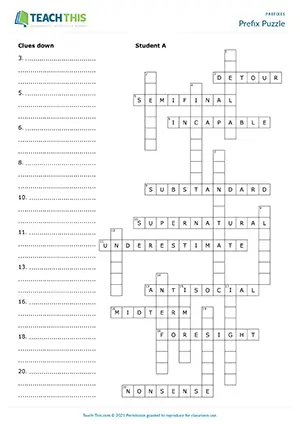 ESL prefixes activity preview featuring grammar and vocabulary exercises, crossword clues writing, defining activities, guessing games for advanced C1 students