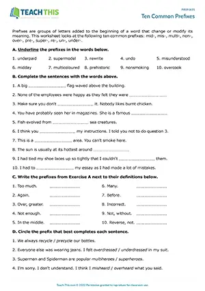 ESL prefixes worksheet preview featuring vocabulary exercises, identifying activities, gap-fill practice, matching exercises, speaking activities for intermediate B1 students