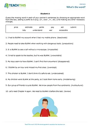 ESL prefixes game preview featuring vocabulary activities, prefix addition exercises, gap-fill practice, pair work for upper-intermediate B2 students