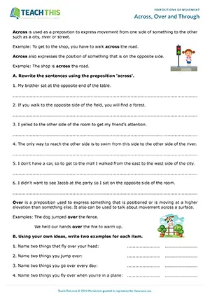 ESL across, over and through worksheet preview featuring grammar and vocabulary exercises, sentence rewriting, binary choice activities for pre-intermediate A2 students