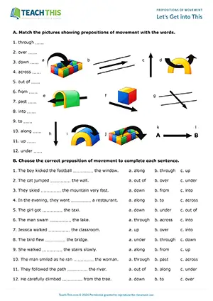 ESL prepositions of movement worksheet preview featuring vocabulary exercises, matching activities, multiple choice questions, gap-fill practice for pre-intermediate A2 students