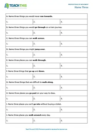 ESL prepositions of movement game preview featuring vocabulary and speaking activities, listing exercises, sentence formation practice for pre-intermediate A2 students