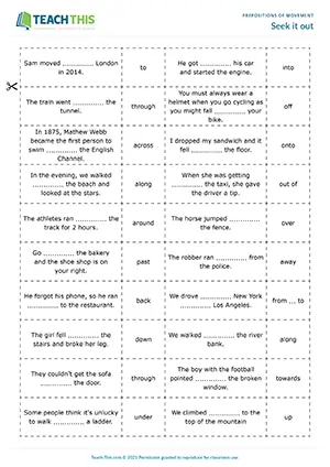 ESL prepositions of movement game preview featuring grammar activities, pelmanism exercises, gap-fill practice, matching activities for pre-intermediate A2 students