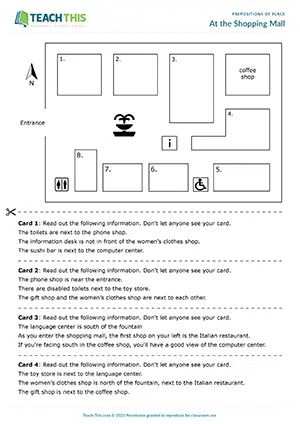 ESL prepositions of place listening activity preview for A2 showing mall floor plans and students listening to clues about locations