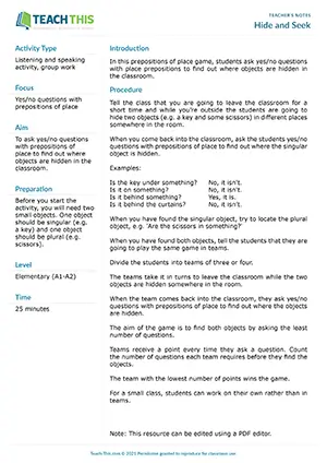 ESL prepositions of place game preview for A1-A2 showing classroom objects and students asking yes/no questions to find hidden items