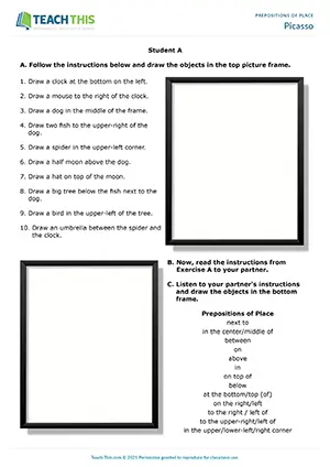 ESL prepositions of place drawing activity preview for A2 showing students following instructions and drawing objects in picture frames