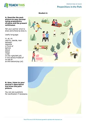 ESL prepositions of place picture dictation activity preview for A2 showing park scenes and students describing and drawing locations
