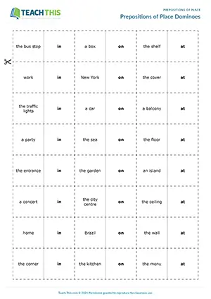 ESL prepositions of place dominoes game preview for A1-A2 showing domino cards with prepositions, sentence building, and matching activities