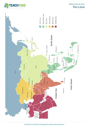 ESL prepositions of place map game preview for A2 showing students asking questions to locate countries