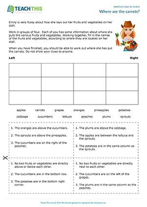 ESL prepositions of place activity preview for A2 showing students listening to clues and labeling fruits and vegetables on a stall