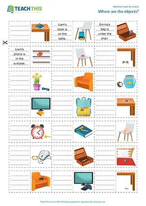 ESL prepositions of place dominoes game preview for A1-A2 showing matching sentences and pictures about locations of objects