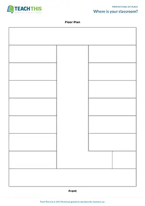 ESL prepositions of place reading and writing activity preview for A2 showing students labeling floor plans and writing descriptions